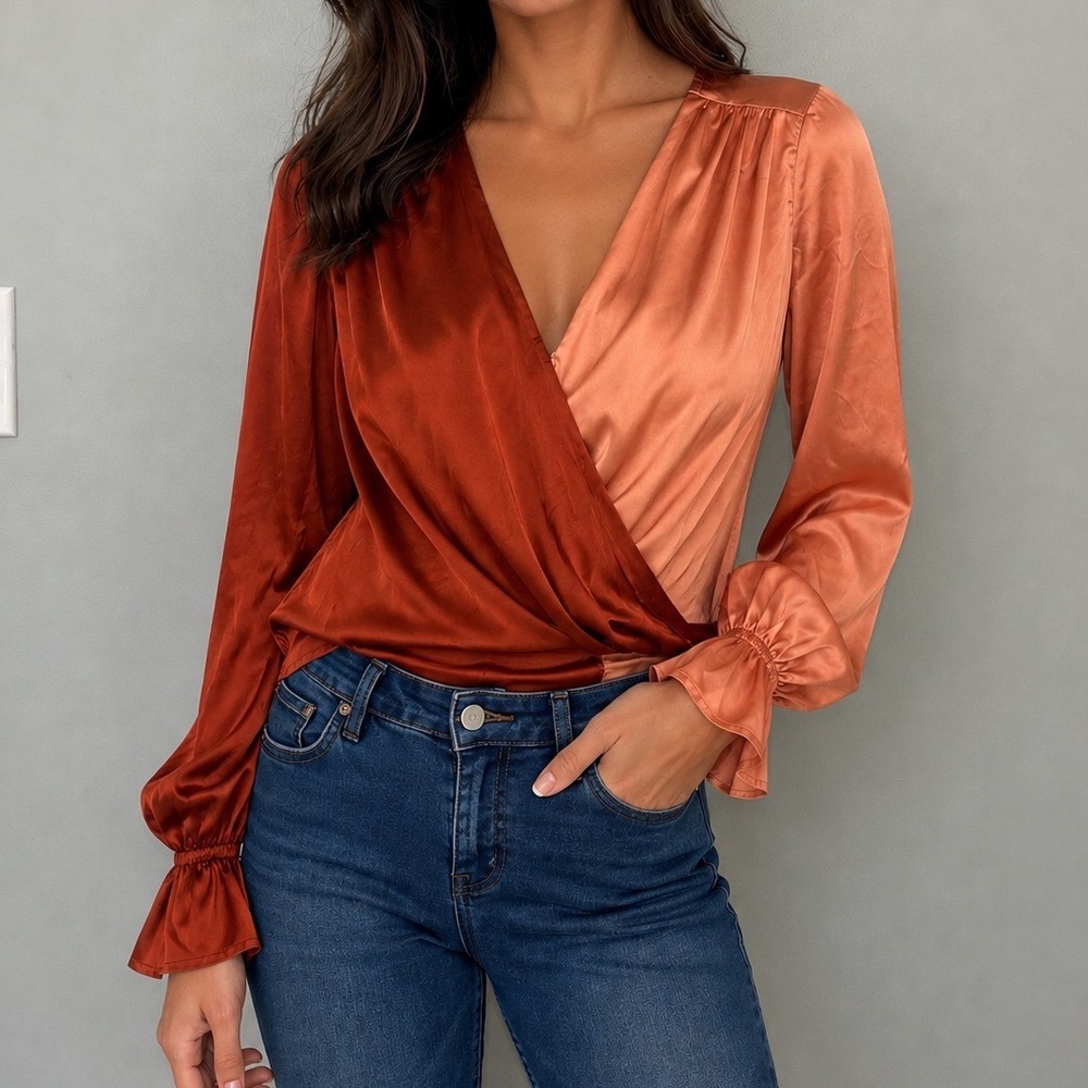 Lida Kate Rust Peach Colorblock Satin Wrap Blouse‎ Womens Size S SY2750